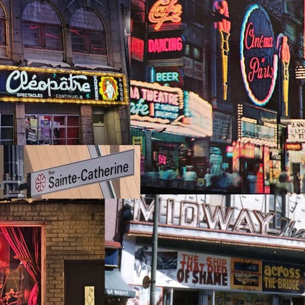 A collage of neon signs in a city.
