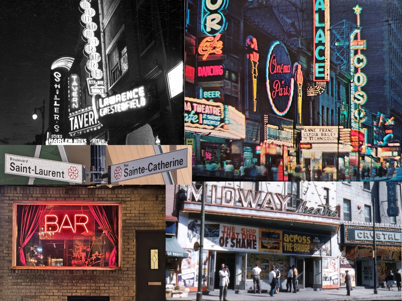 Collage of historic Montréal Red Light District scenes, including vintage neon signs, burlesque theatres, taverns, cinema marquees, and the iconic intersection of Saint-Laurent and Sainte-Catherine.